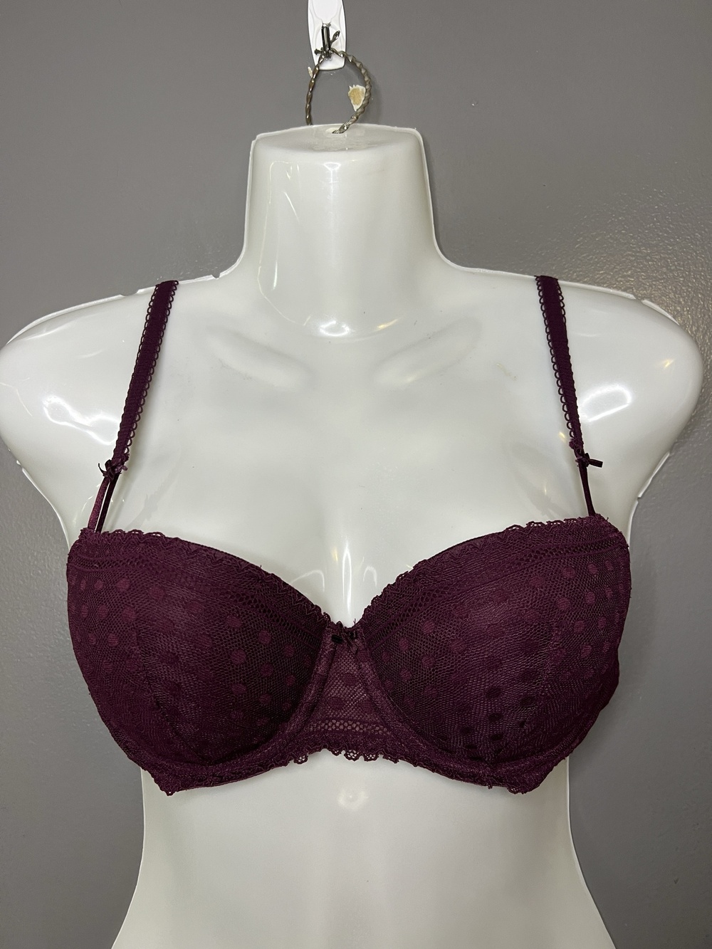 PINK Bra Womens 34C Purple Balconette Push Up Lace Polka Dot Underwire Padded
